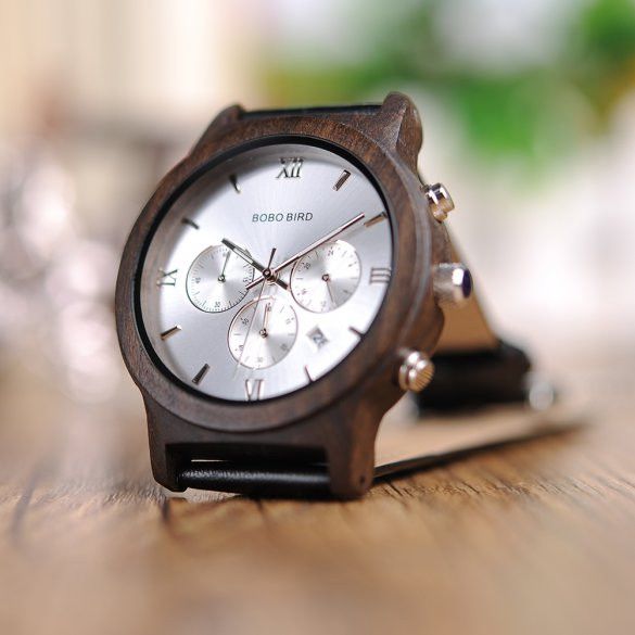Engraved Men's Ebony Chronograph Watch | Custom Logo Wooden Watches
