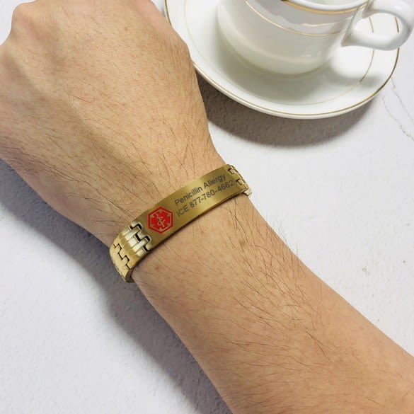 Mens Gold Medical Id Bracelet With Magnets Engraved Id Bracelet 1980