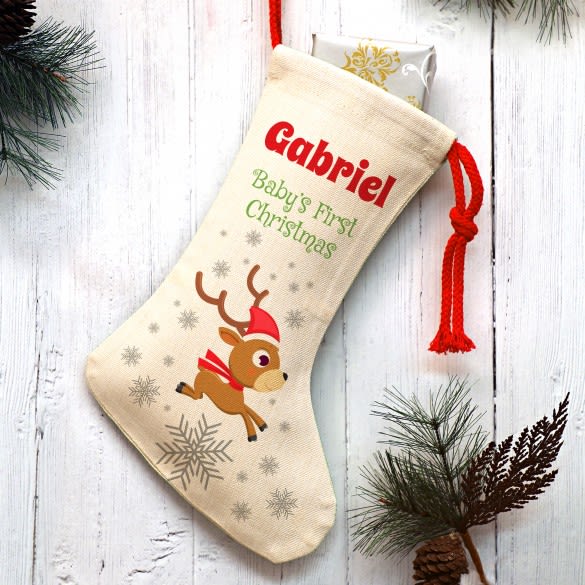 Personalized Baby's First Christmas Prancing Reindeer Stocking