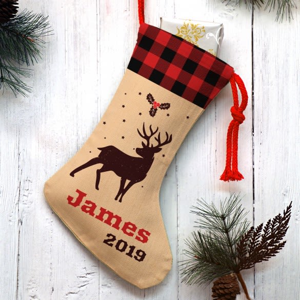 Buffalo Plaid Reindeer Personalized Christmas Stocking | Holiday Gifts