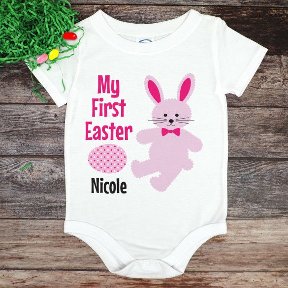 My First Easter Pink Bunny Personalized Baby Onesie | Easter Gifts