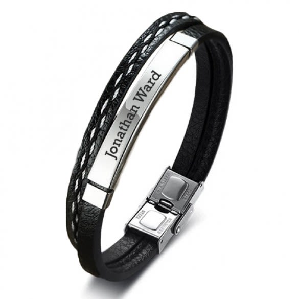 Men's Layered Black Leather ID Bracelet | Custom Bracelets for Men