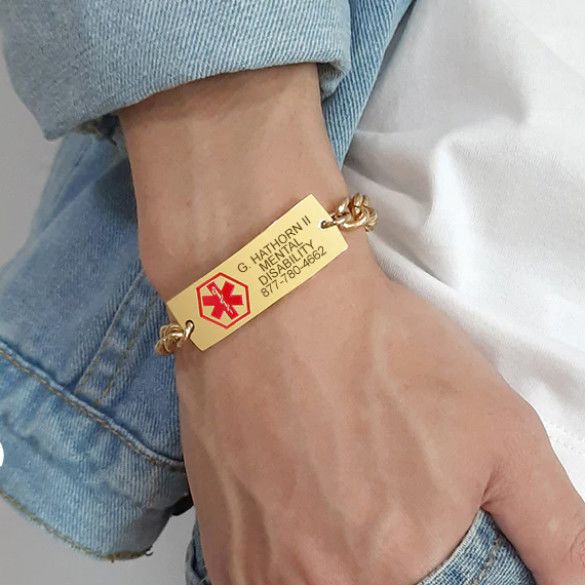 Mens Engraved Wide Gold Medical Id Bracelet Custom Medical Alert Jewelry 0884