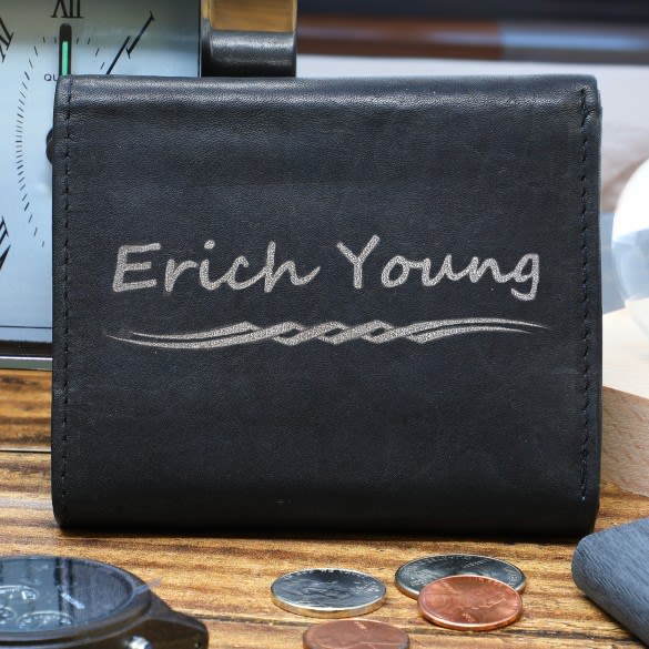 Men&#39;s Black Leather Tri-Fold Personalized Wallet | Engraved Wallet