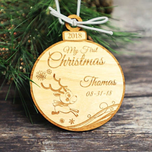 Baby Reindeer Wood Ornament | Engraved My First Christmas Wooden Gift