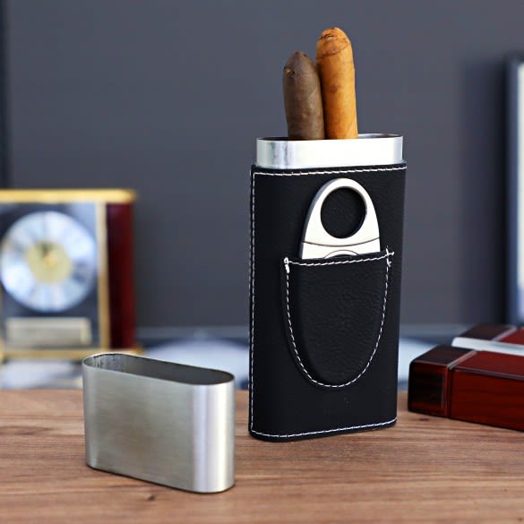 Black Personalized Cigar Travel Case with Silver Engraving