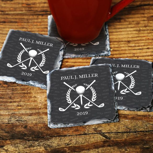 Golf Clubs Personalized Square Slate Coasters - Set of 4