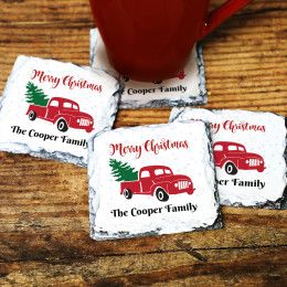 Vintage Red Pickup Truck Square Slate Stone Coasters - Set of 4