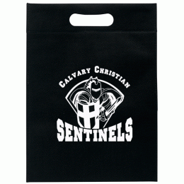 Black Discount Custom Printed Grocery Bags | 10" x 14" Non-Woven Die Cut Bag | Cheap Promotional Die Cut Handle Bags