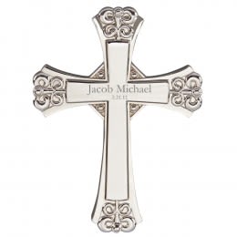 Engravable Ornate Design Silver Wall Cross | Engraved Silver Baptism Gifts