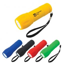 Promotional LED flashlight with logo, rubberized exterior, and strap