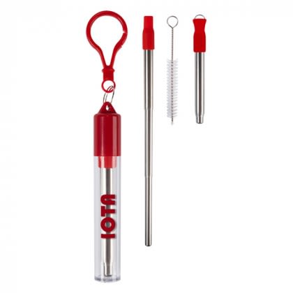 Custom Printed Drinking Straws | Collapsible Stainless Steel Straw Kit | Personalized Straws with Carabiners - Red