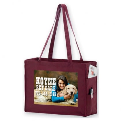 Custom Tote Bag with Side Pockets - Large - Full Color Imprint - Burgundy Custom Tote Bag with Side Pockets - Large - Full Color Imprint - Burgundy