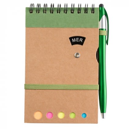 Promotional Grained Cardboard Spiral Memo Pad-Pen-Sticky Flags - Green Promotional Grained Cardboard Spiral Memo Pad-Pen-Sticky Flags - Green