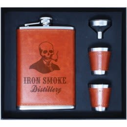 Logo Engraved Brown Leather Flask Set