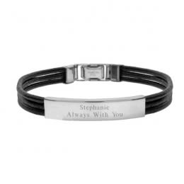 Engravable Black Leather Triple Cord ID Bracelet