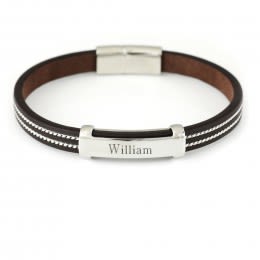 Black Leather with Chain Inlay Engraved ID Bracelet