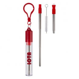 Custom Printed Drinking Straws | Collapsible Stainless Steel Straw Kit | Personalized Straws with Carabiners - Red