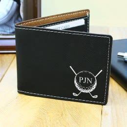 Engraved Black Golf Crest Bifold Wallet with Silver Imprint | Personalized Wallet for Him | Customized Golf Wallet for Him