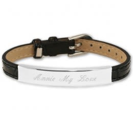 Engraved Black Leather ID Bracelet with Buckle