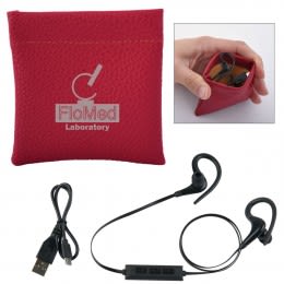 Imprinted Leatherette Squeeze Tech Pouch with Earbuds Maroon