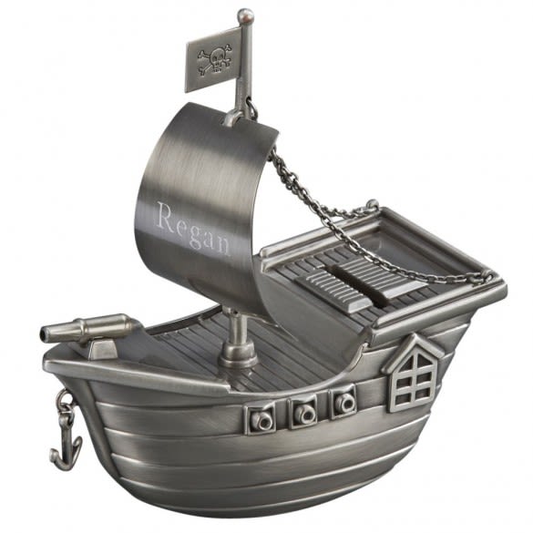 Personalised Silver Pirate Ship Piggy Money Box for Boys 