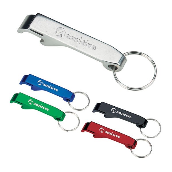 Promotional Aluminum Bottle / Can Opener With Metal Split Keychain Rings -  Blue - Metal Keychains