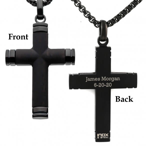 Inox Engraved Black Steel Wood Cross Pendant