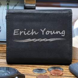 Men's Black Leather Trifold Wallet | Personalized Men's Wallets with Engraving