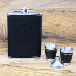 Nautical Anchor Personalized Black Leather Flask Set