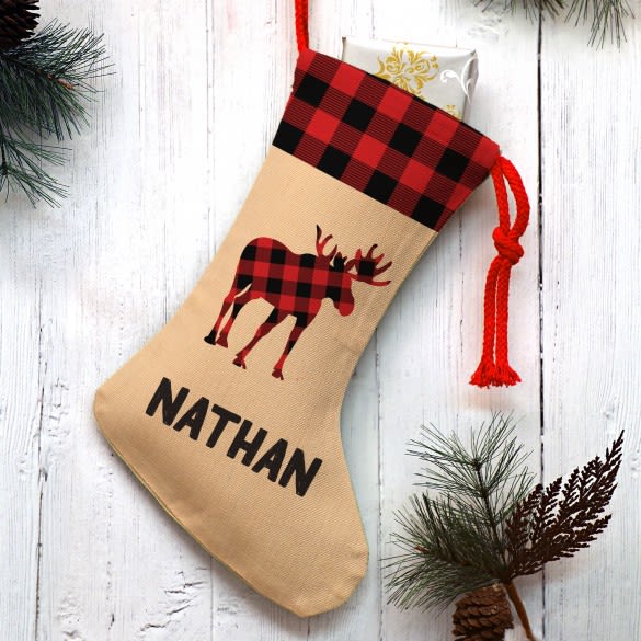 Buffalo Plaid Moose Personalized Christmas Stocking