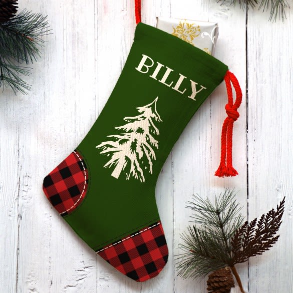 Buffalo Plaid Pine Tree Personalized Christmas Stocking