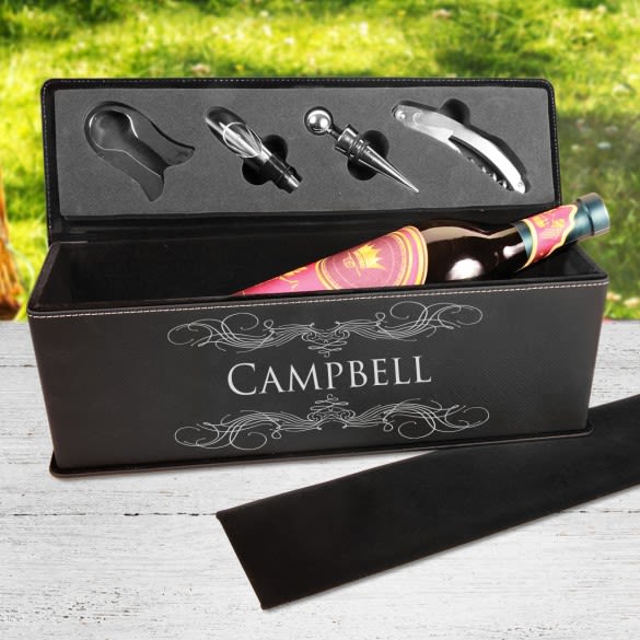 Scroll Name Design Black Wine Bottle Box With Tools