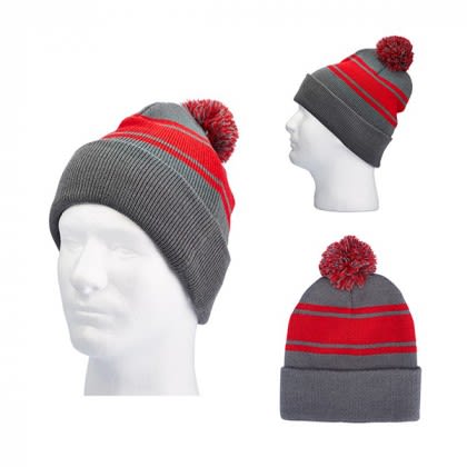 Knit Pom Beanie with Embroidered Logo -Gray/Red