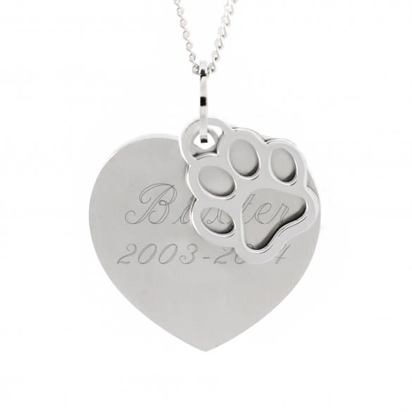 Engraved Heart Pendant with Pawprint Charm | Memorial Pendant for Pet