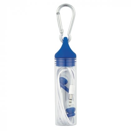 Ear Buds in Promotional Case with Carabiner - Blue