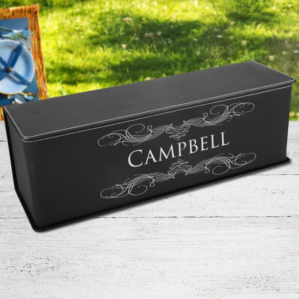 Scroll Name Design Black Wine Bottle Box With Tools