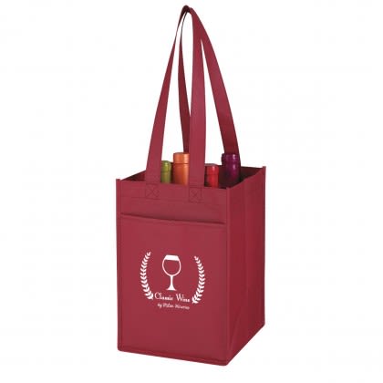 Four Bottle Wine Tote with Logo Pocket - Burgundy