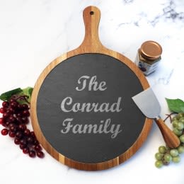 Personalized Slate and Acacia Wood Serving Board | Personalized Round Cheese Board