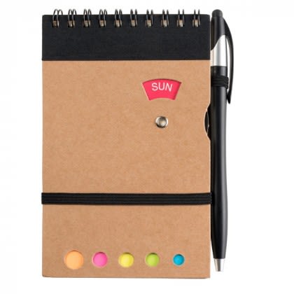 Promotional Grained Cardboard Spiral Memo Pad-Pen-Sticky Flags - Black