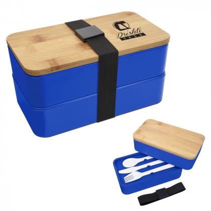 Imprinted Stackable Bento Lunch Set - Blue with Black band