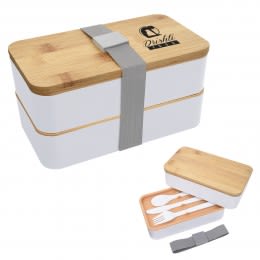 Imprinted Stackable Bento Lunch Set  - White with gray band