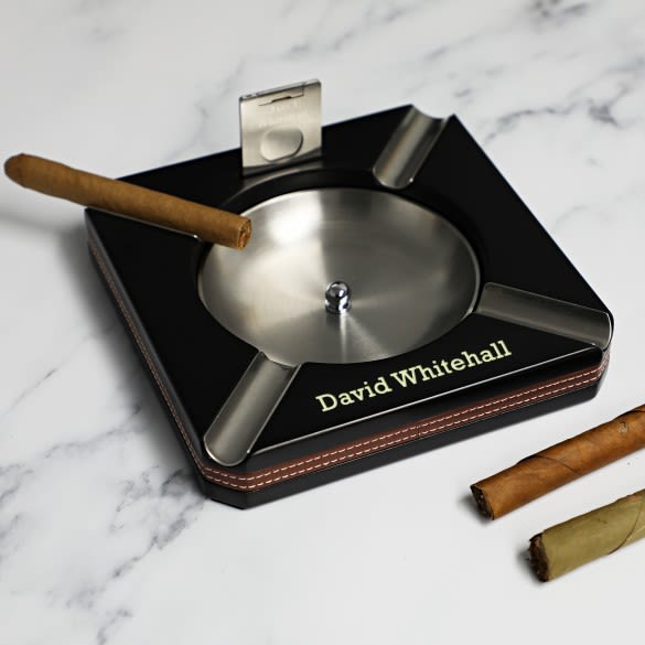 Personalized Leather Trimmed Cigar Ashtray with Cutter