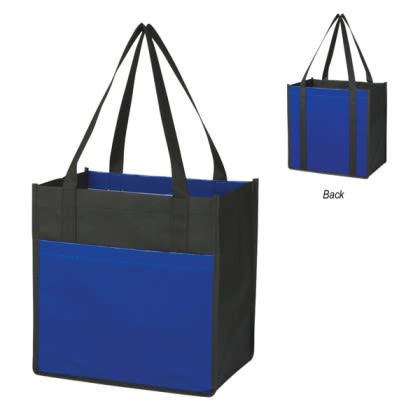 Custom Laminated Tote Bag with Pocket -Two-Tone - Black with Roya Custom Laminated Tote Bag with Pocket -Two-Tone - Black with Roya