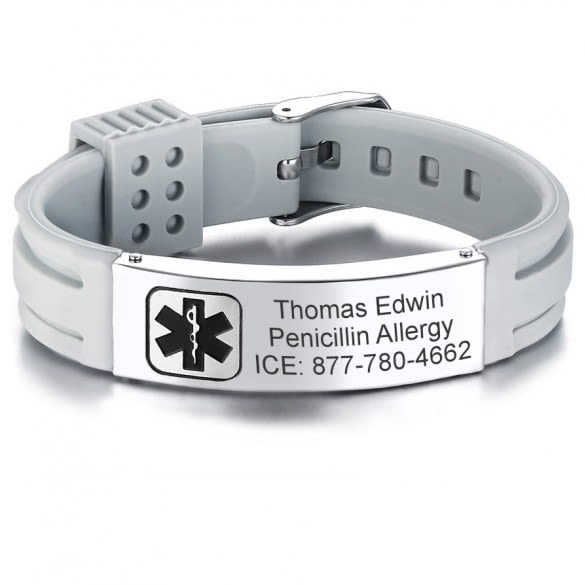 Gray Silicone Adjustable Personalized Medical Bracelet | Personalized ...