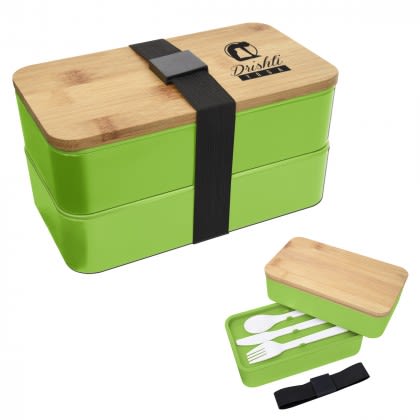 Imprinted Stackable Bento Lunch Set - Lime with Black band