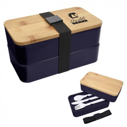 Imprinted Stackable Bento Lunch Set - Navy with Black band