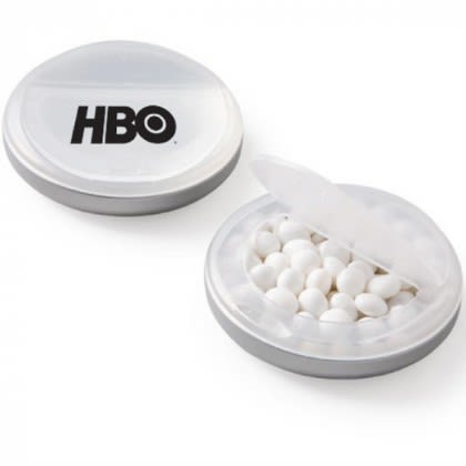 White Mints Imprinted Frosted Clear Snap Top Candy Tin White Mints Imprinted Frosted Clear Snap Top Candy Tin