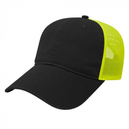 Promotional Washed Chino and Ultra Soft Mesh Cap black neon yellow