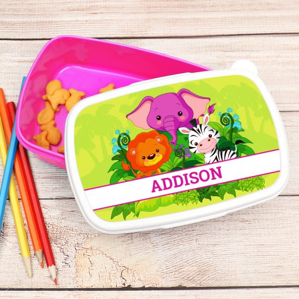 Jungle Animals Personalized Pink Lunch Box | Custom Engraved Bento Box For Kids